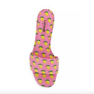NWT Larroude Ivy Lemon-Print Pink Leather Mules Slides Sandals Size 7.5